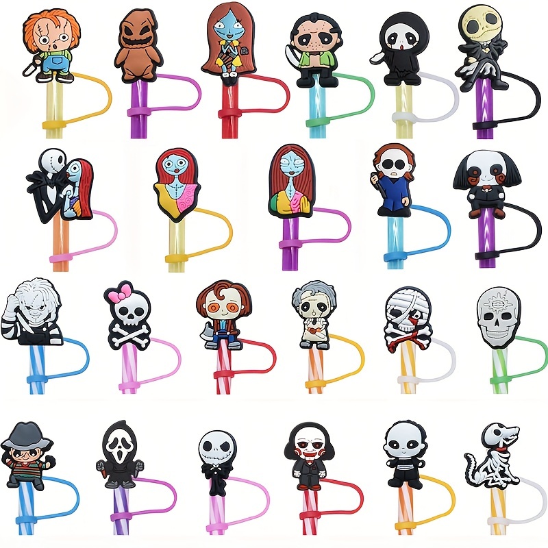 9pcs Halloween Straw Toppers Halloween Straw Cover The Nightmare Before Christmas for 6-8mm Drinking Straws Halloween Reusable Straws Silicone Straw