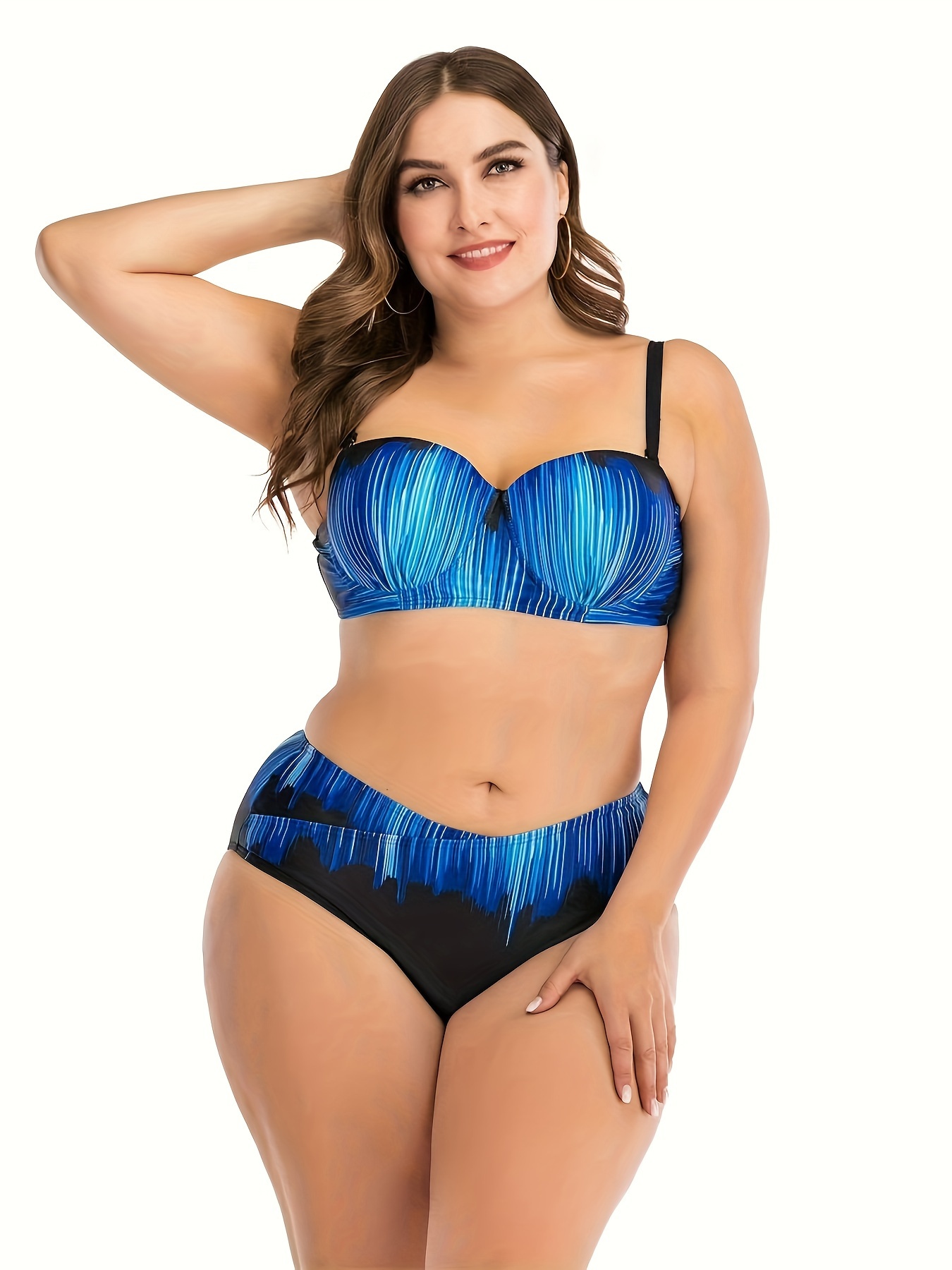 Plus Size Casual Bikini Set Women's Plus Stripe Print Bra - Temu Germany