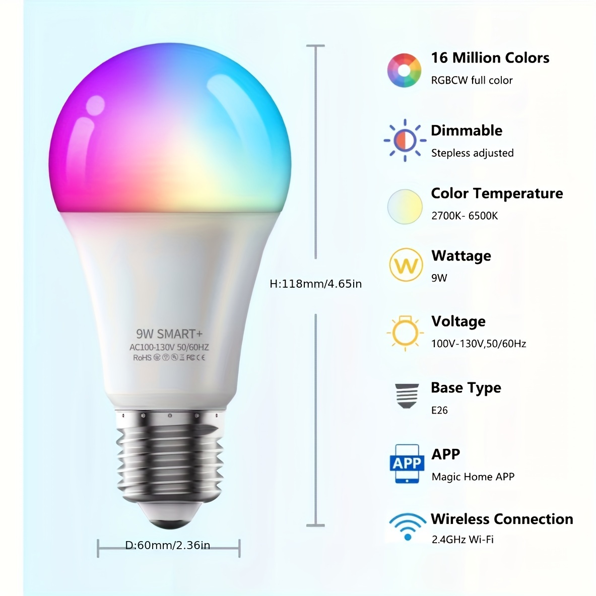 Ampoule LED E27 9W connectée WIFI CCT + Dimmable 2700K à 6500K VISION EL 