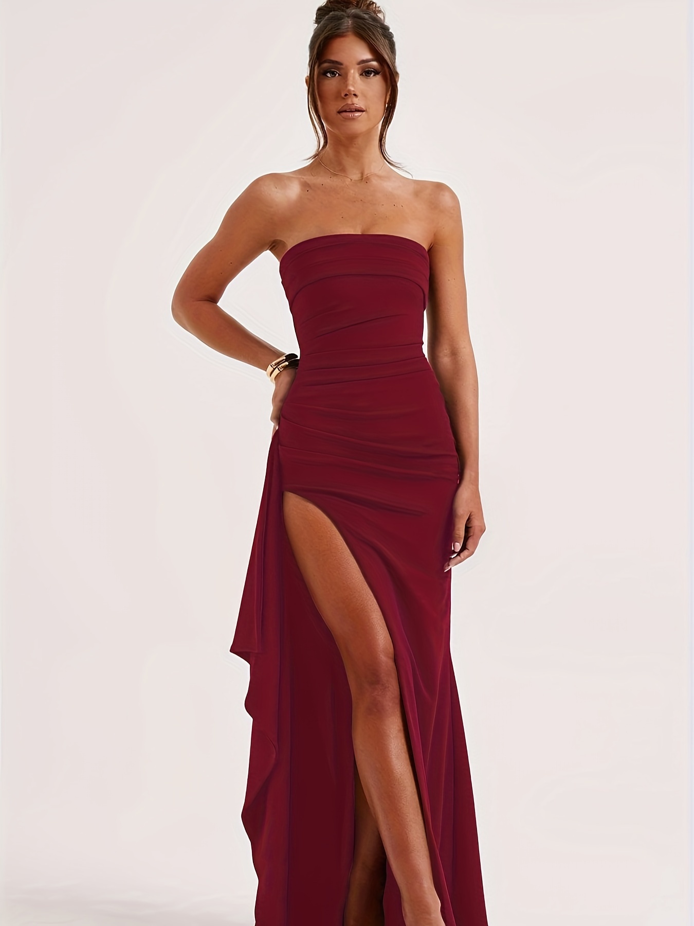 Red Asymmetric Strapless High Slit Dress With Ruffle Hem