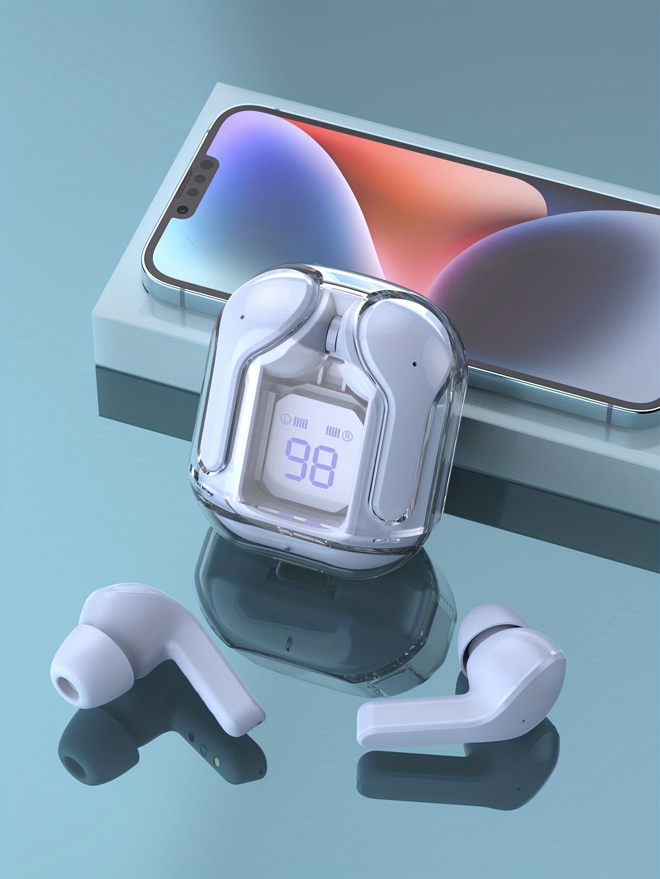 Auricolari stereo wireless colorati TWS BT V5.3 trasparenti, auricolare vivavoce in stile in-ear in silicone con display digitale della capacità della batteria, impermeabile_voghion.com