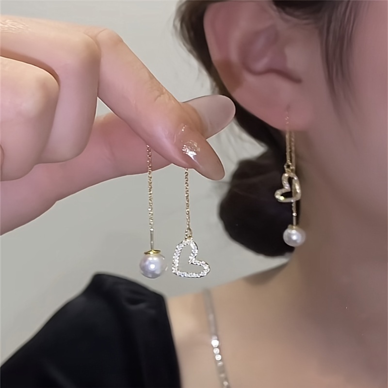 

Tassel Heart Shape Faux Pearl Threader Earrings Alloy Earrings Elegant Style Jewelry Trendy Gift For Women