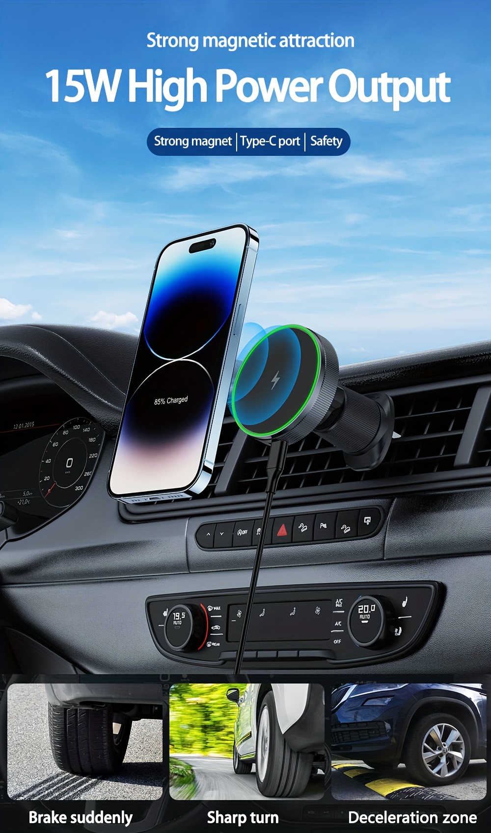 Soporte magnético para auto con carga inalámbrica y MagSafe para iPhone