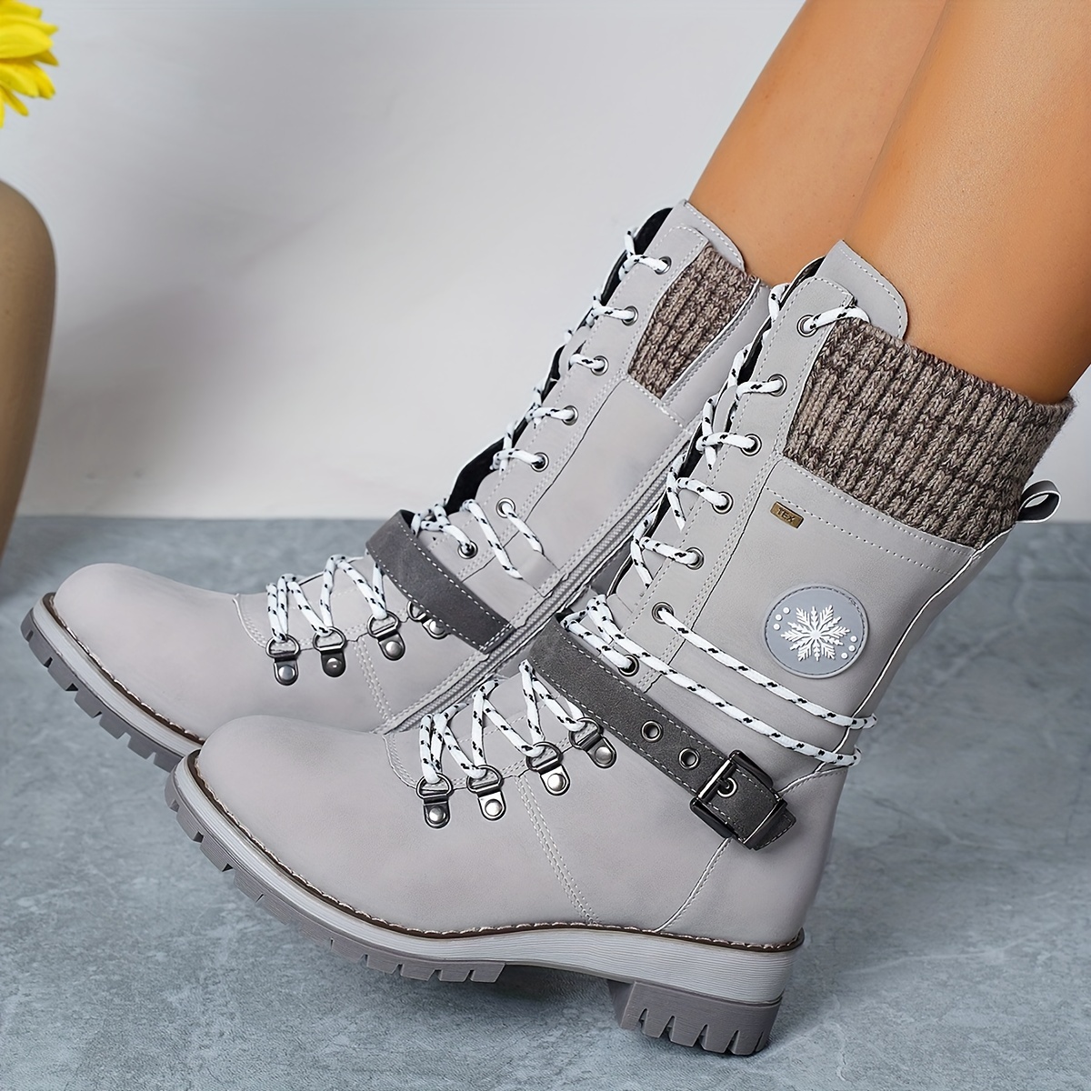 Women's Knitted Splicing Calf Boots Lace Side Zipper - Temu