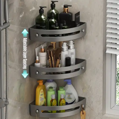 Powerful Adhesive Corner Shower Caddy With Shelf And Hooks - Temu