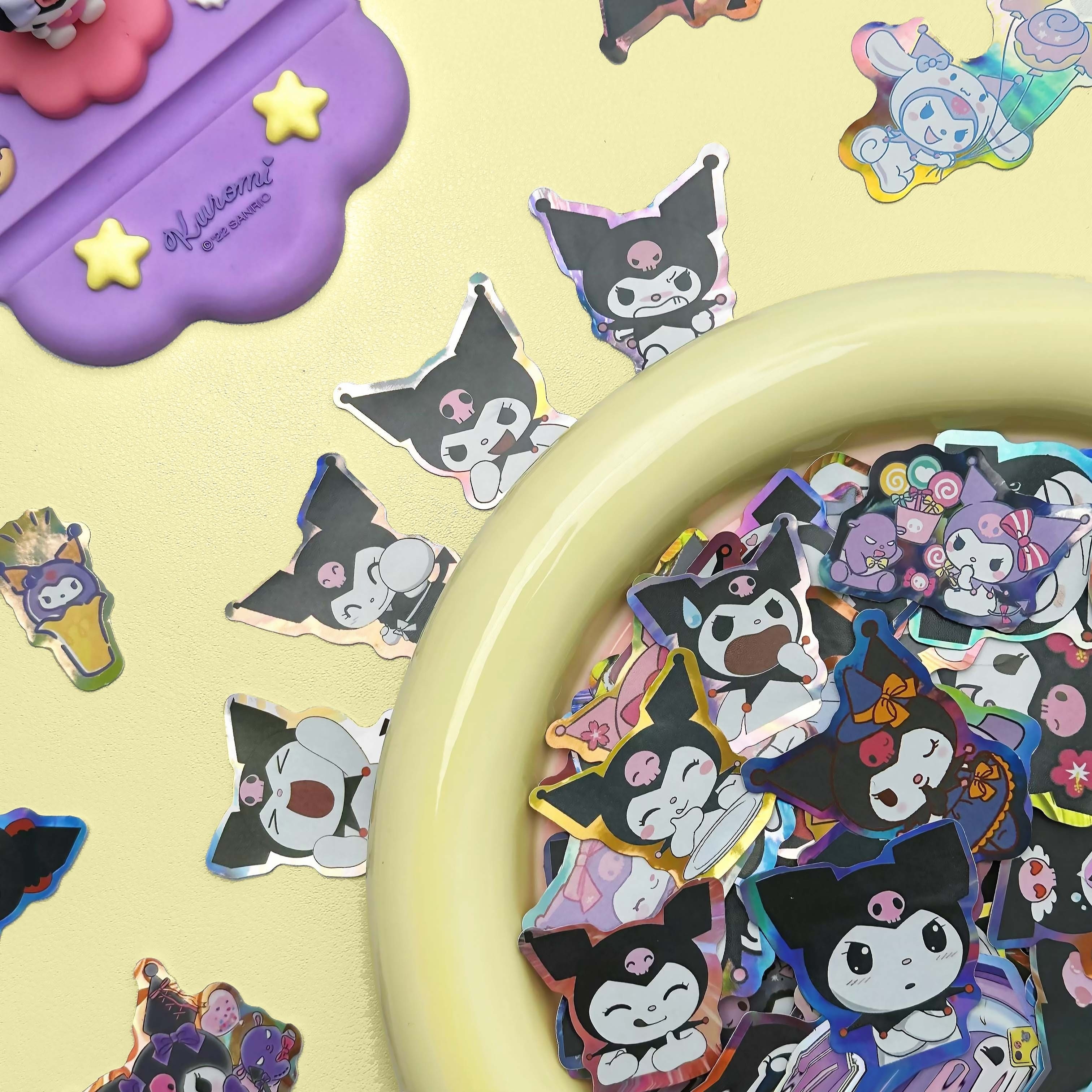 74pcs Kuromi Party Favors Include 10 Cute Shoe Charms, 14 Kawaii Button Pins, 50 Anime Cute Stickers for Kids Girls Party Supplies Gift Goodie Bag