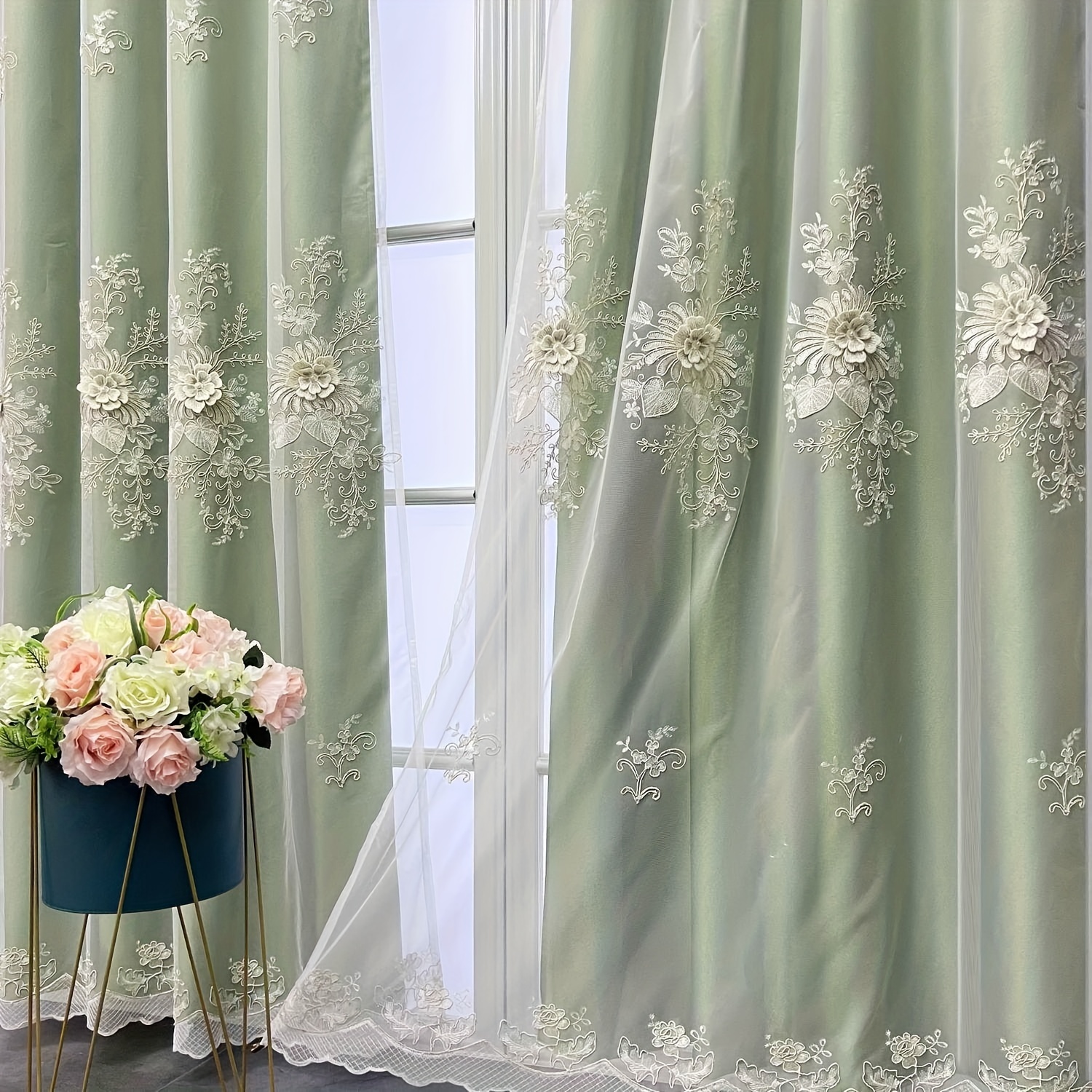 Romantic 3d Flower Embroidery Tulle Curtains For Living Room And Bedroom -  Double Layer High Blackout And Thermal Insulation - Privacy Protection And  Sliding Door Cover - Beige, Green, Grey, And Colors 