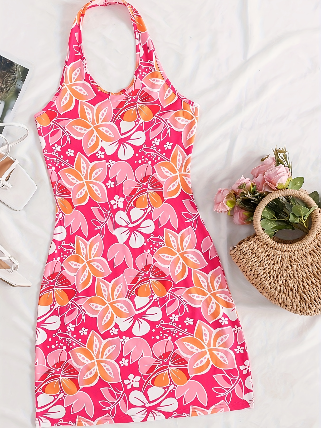 Floral Print Halter Dress, Vacation Style Slim Dress For Spring & Summer, Women's Clothing