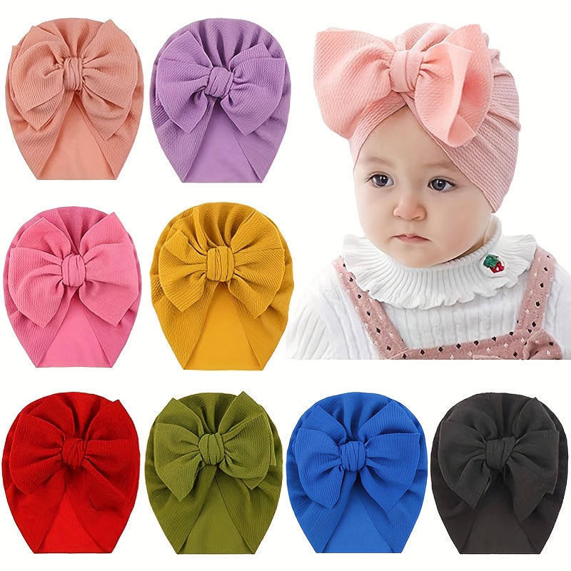 

8pcs Plain Color Large Turban Hat Cap Beanie Bonnet With Big Bow, Headwraps Turbans For Newborn Baby Girls Toddlers Infants Kids