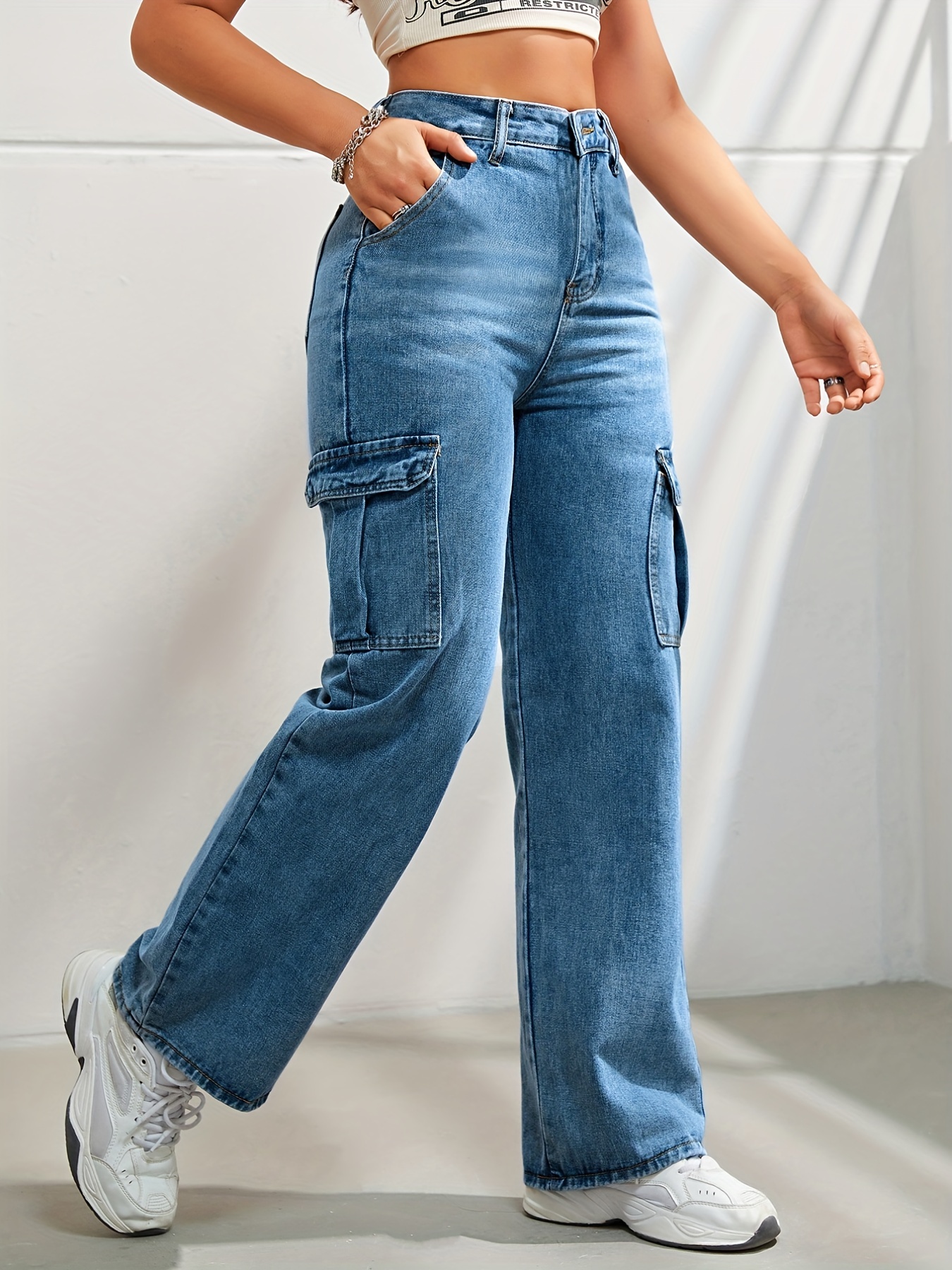 Side Flap Pocket High Waist Denim Cargo Pants Light Washed - Temu