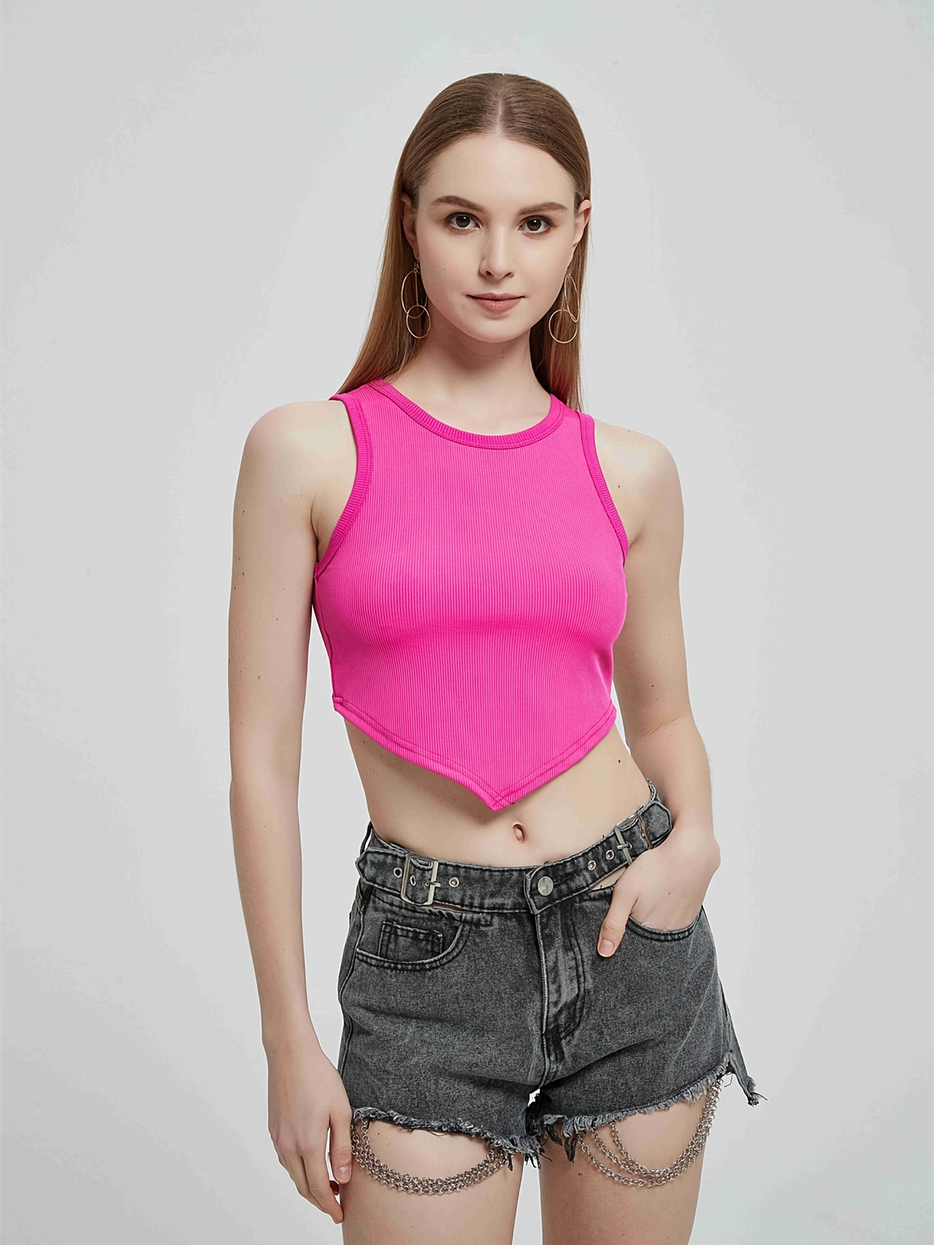 Solid Crew Neck Sleeveless Cropped Top Rib knitted Racerback