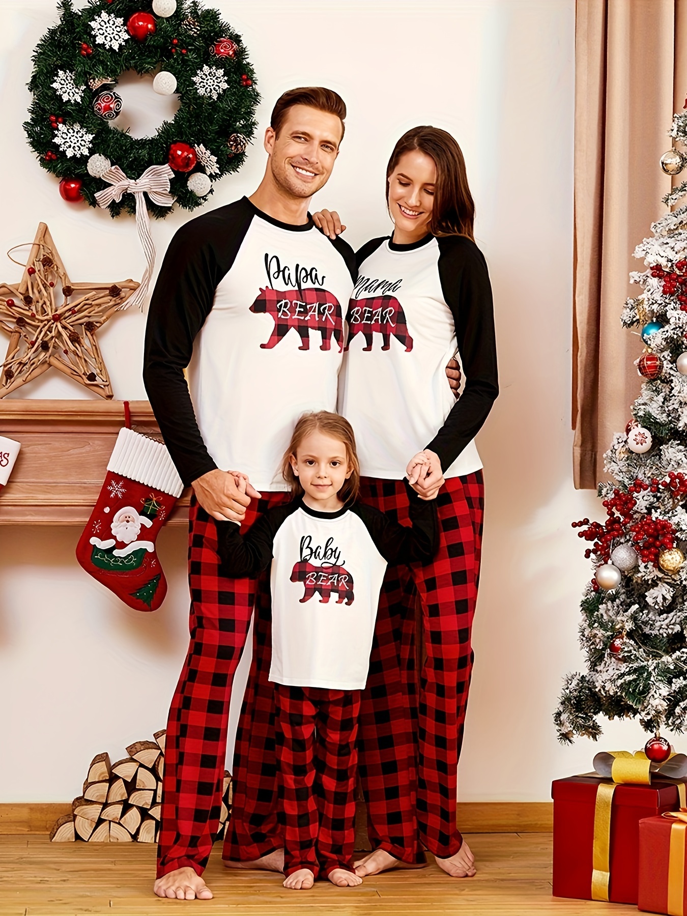 Christmas Tree Hat and Letter Print Family Matching Red Plaid Raglan Long-sleeve Pajamas Sets (Flame Resistant)