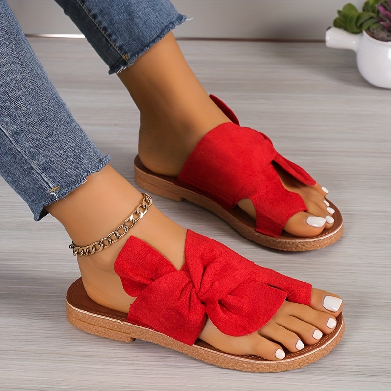 

Women's Toe Loop Knotted Flats Slippers, Solid Color Open Toed Bohemian Outdoor Slippers, Casual Summer Sandals