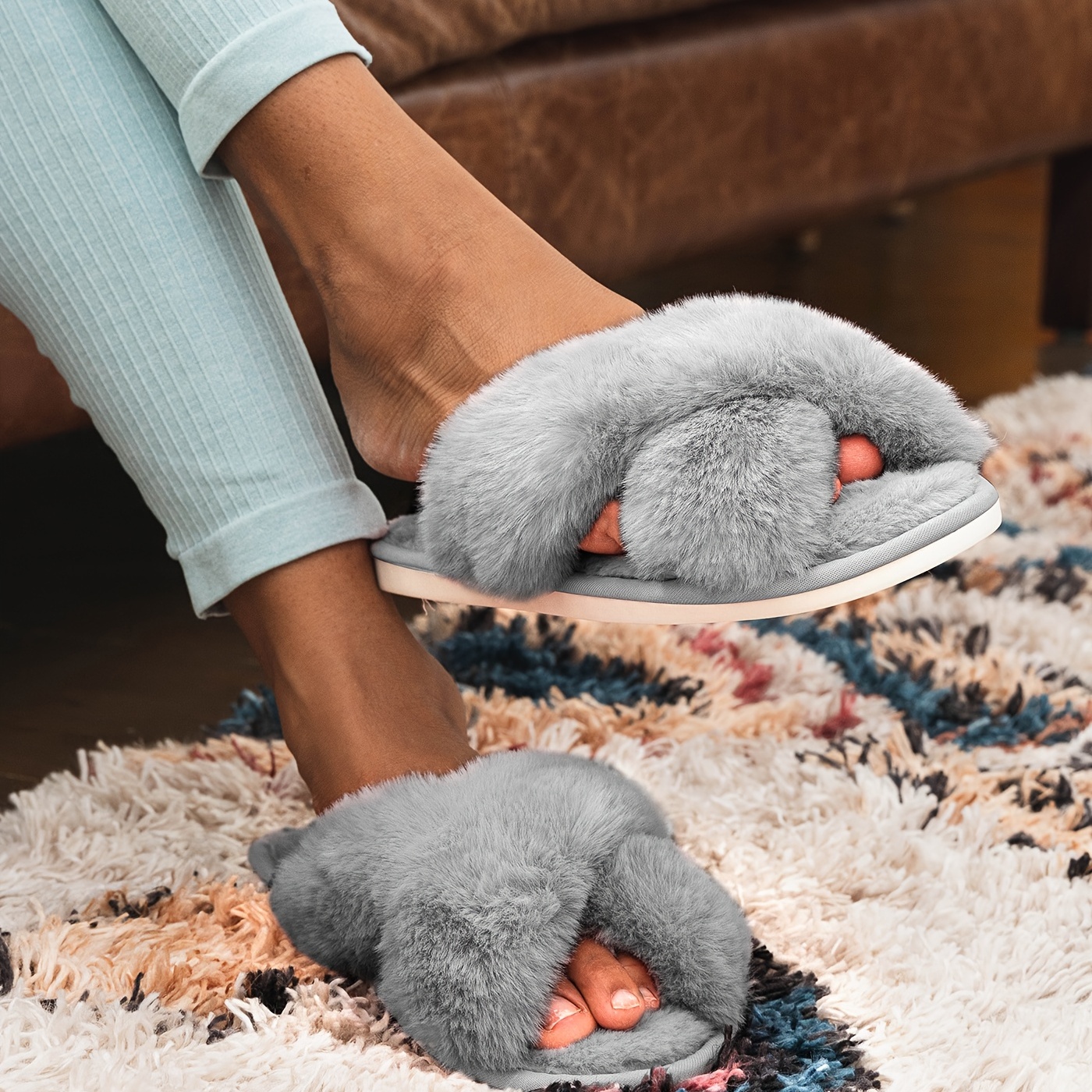 Soft Fuzzy Cross Strap Slippers Open Toe Plush Slides Shoes