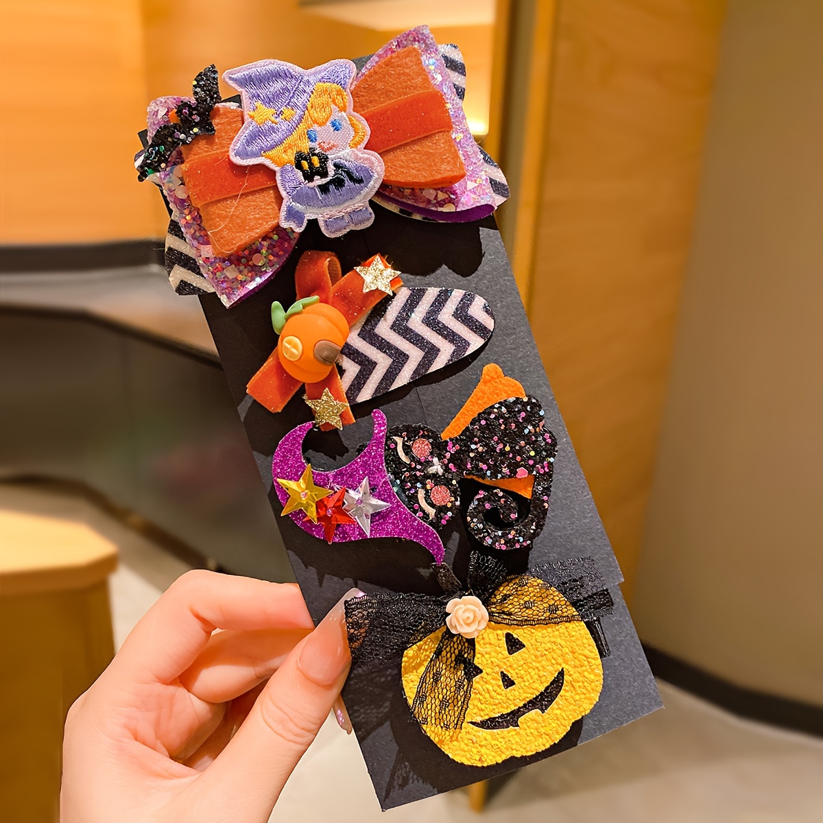 6pcs Girls Pumpkin Hat Bat Wings Decor Hair Clips, Funny Halloween Bow Hairpin,Temu