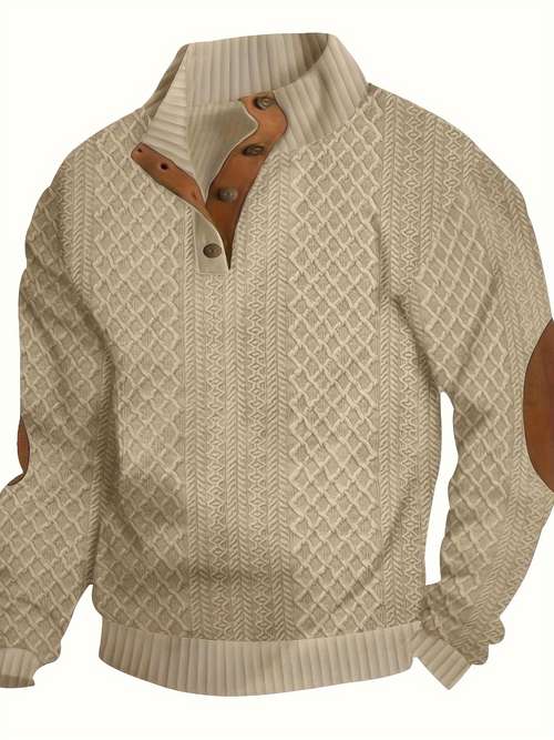 Trendy Solid Sweatshirt, Men's Casual Retro V Neck Stand Collar Sweatshirt For Men Fall Winter