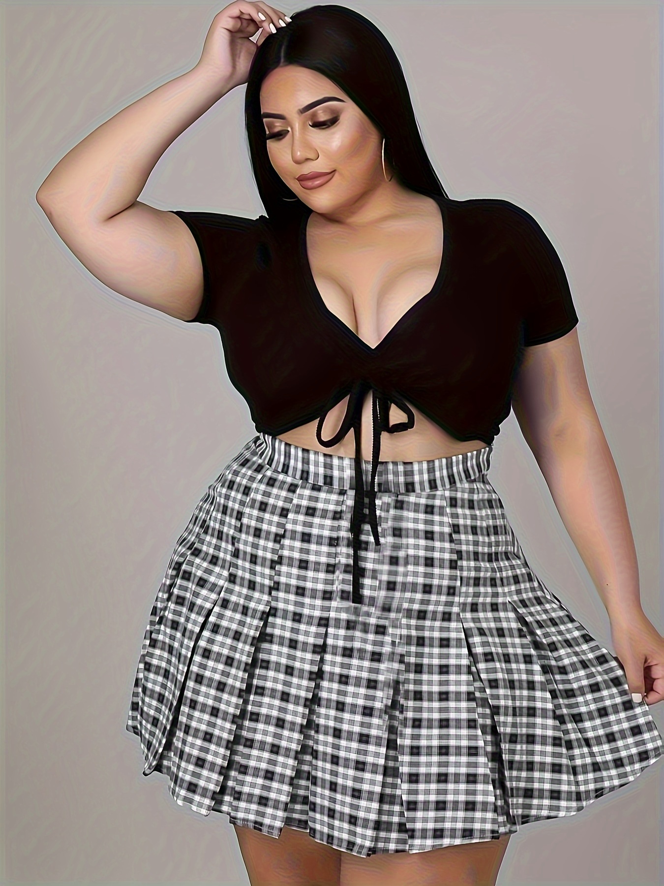 Plus Size Sexy Outfits Set, Women's Plus Tie Front Short Sleeve Crop Top &  Pleated Plaid Print Mini Skirt Outfits Two Piece Set