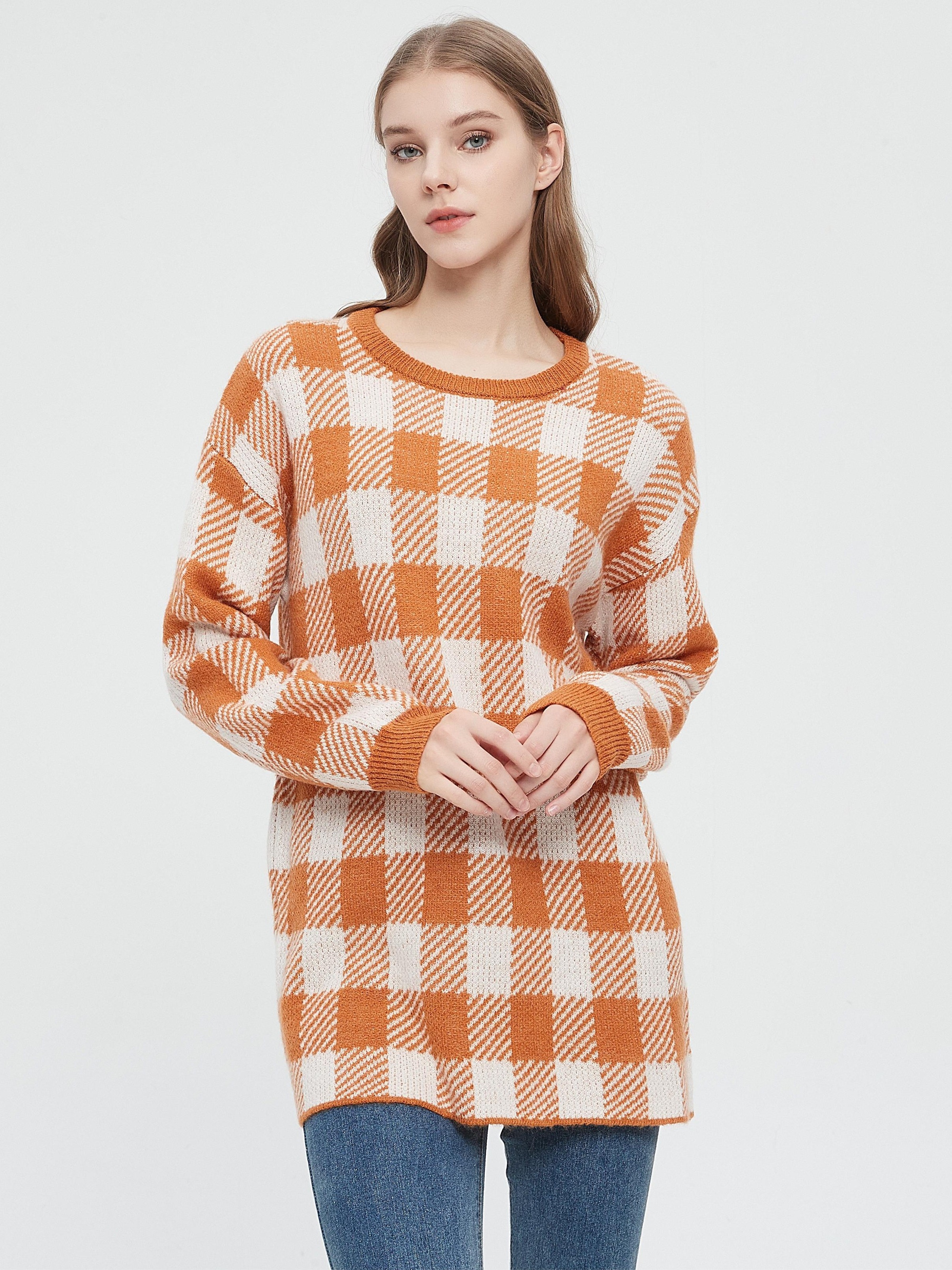 Plaid Pattern Crew Neck Pullover Sweater Casual Long Sleeve - Temu