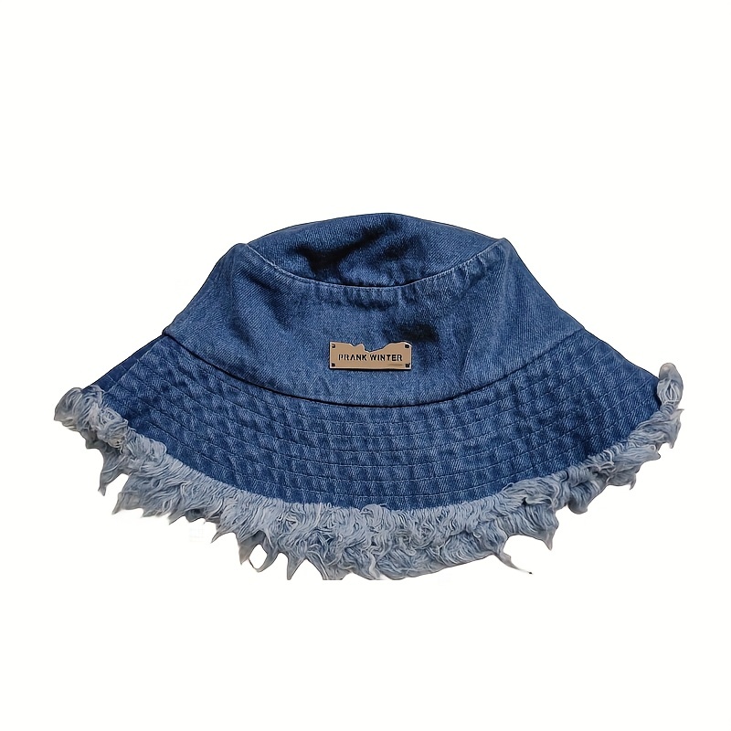 Hem Tassel Bucket Hat Trendy Washed Distressed Denim Basin Hat