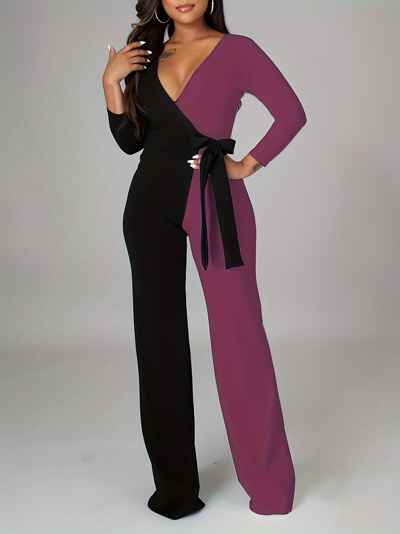 Color Block Wide Leg Jumpsuit Long Sleeve Surplice Neck Tie Temu