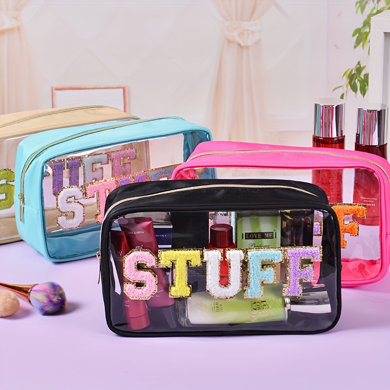 

Cosmetic Bag, Embroidered Letter Transparent Pvc Makeup Bag, Large Capacity Wash Bag, Travel Convenient Storage Bag