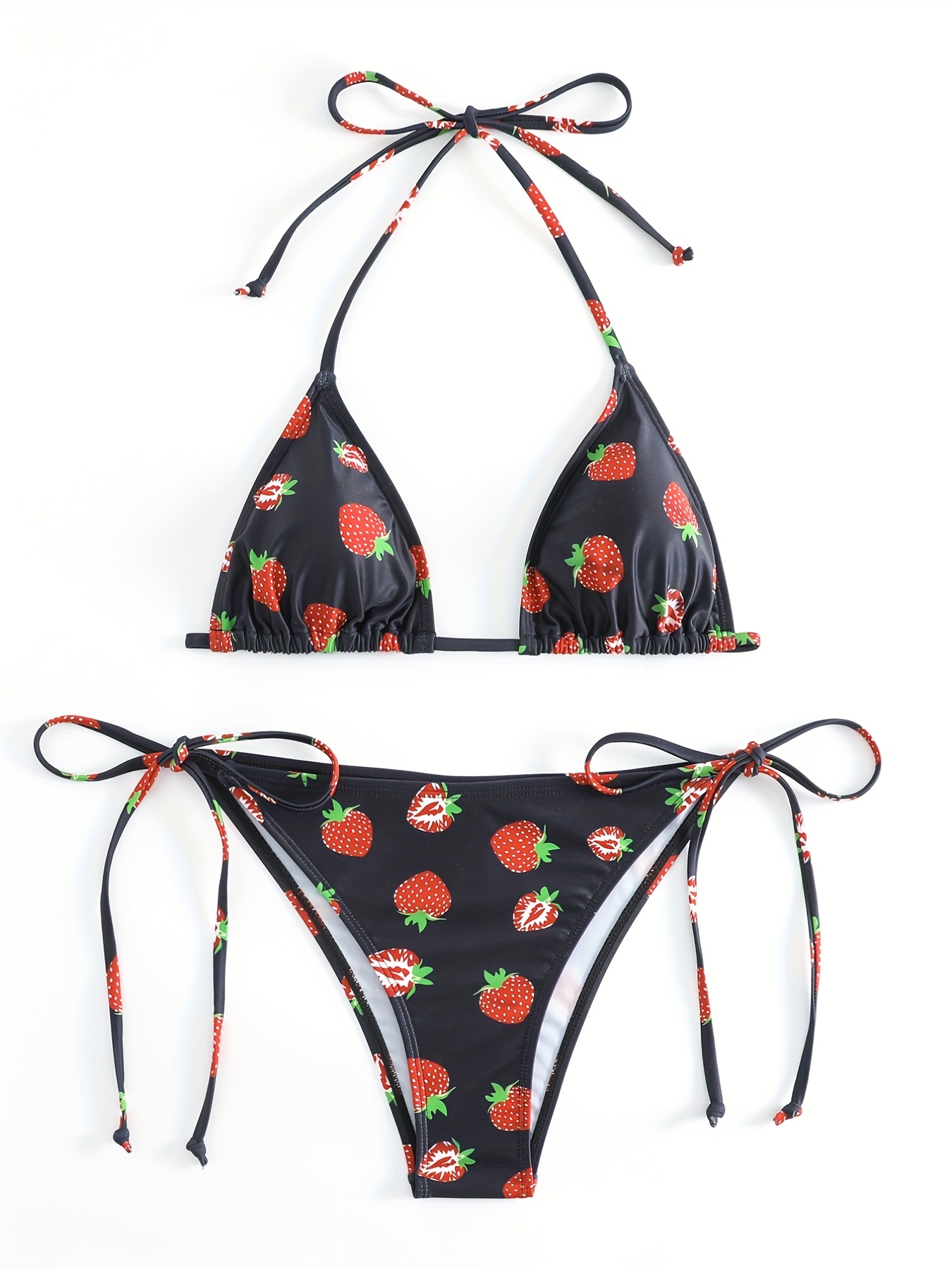 Strawberry Print Bow Tie Side Bikini Halter Triangle Medium Temu