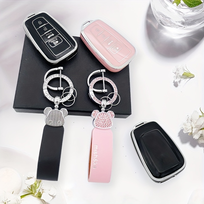 Autoschlüssel Fob Abdeckung mit Bär künstlichen Diamant Schlüsselanhänger,  weiche TPU Schlüsselhülle für Toyota Camry COROLLA PRADO COASTE Rhighlander