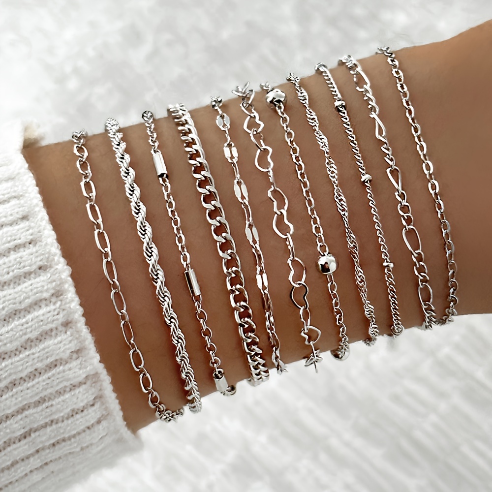 11pcs Iron Chain Bracelet Layered Set Easy Versatile Thin Chain Plain Chain Braided Chain Heart Chain Layered Bracelet Combination Set