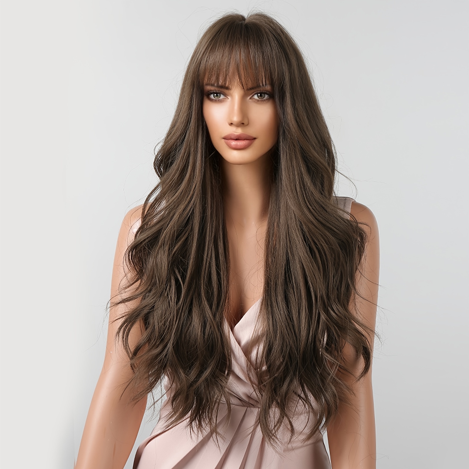 Long Brown Wig With Bangs Synthetic Wavy Bang Brown Wigs For Women Women Long Curly Heat Resistant Brown Hair Wig Cosplay Wig 26 Inches