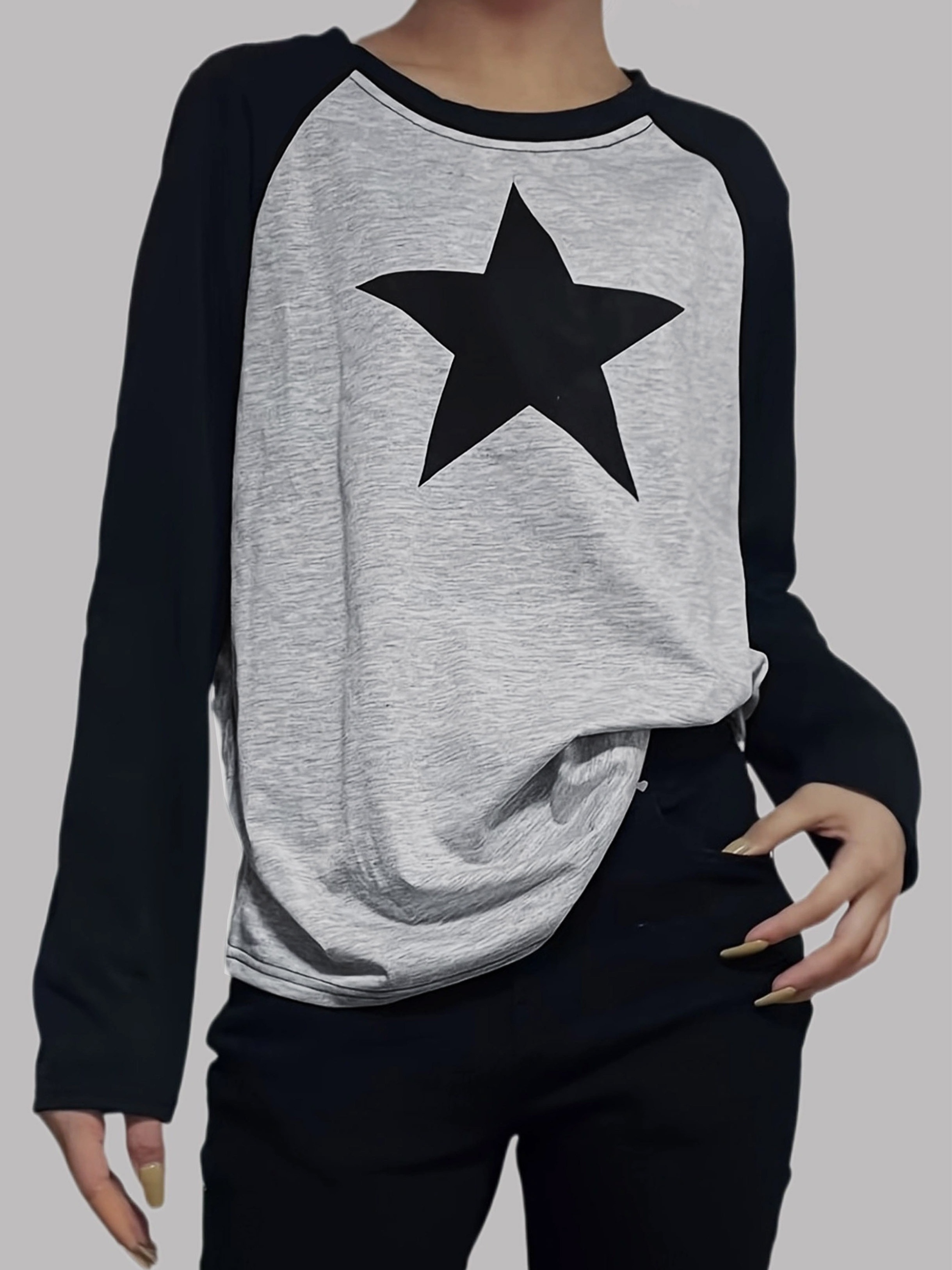 Star Print Crew Neck Tシャツ Y2KロングスリーブTシャツ 春と秋のため