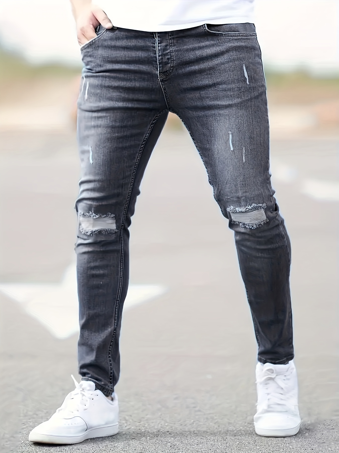 Slim Fit Ripped Jeans Mens Casual Style Distressed Stretch Denim For Spring Summer - Men's Clothing - Temu