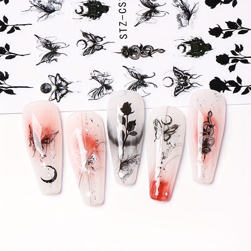 Gothic Nail Art Stickers Self Adhesive Decals Rose Butterfly Skull Designs