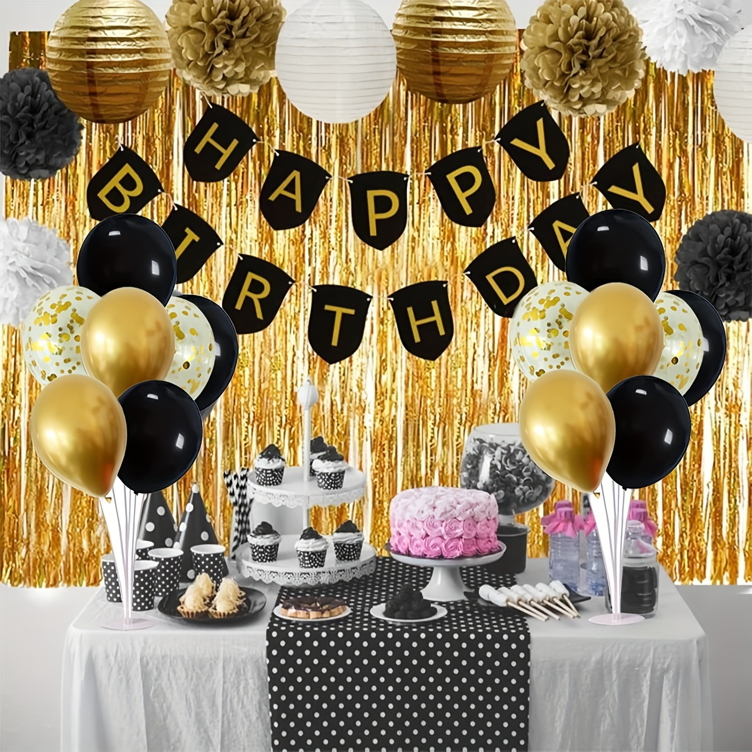Black, white and gold party with glitter gold bottle centerpieces  Black  and gold centerpieces, Black and gold party decorations, Gold party