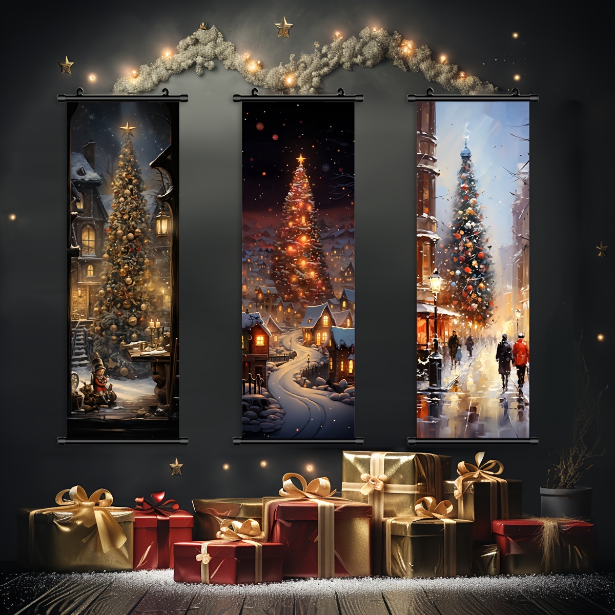 1pc Christmas Hanging Banner Courtyard Festival Snowy Night