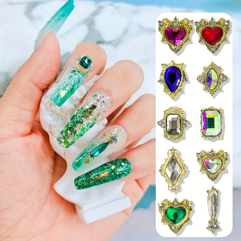 10pcs Crysal Big Gemstone Nail Charms Alloy 3D Nail Decoration Rhinestone  Gold Nail Jewelry for Designer DIY Long Nail Art Manciure Accessories  Supply