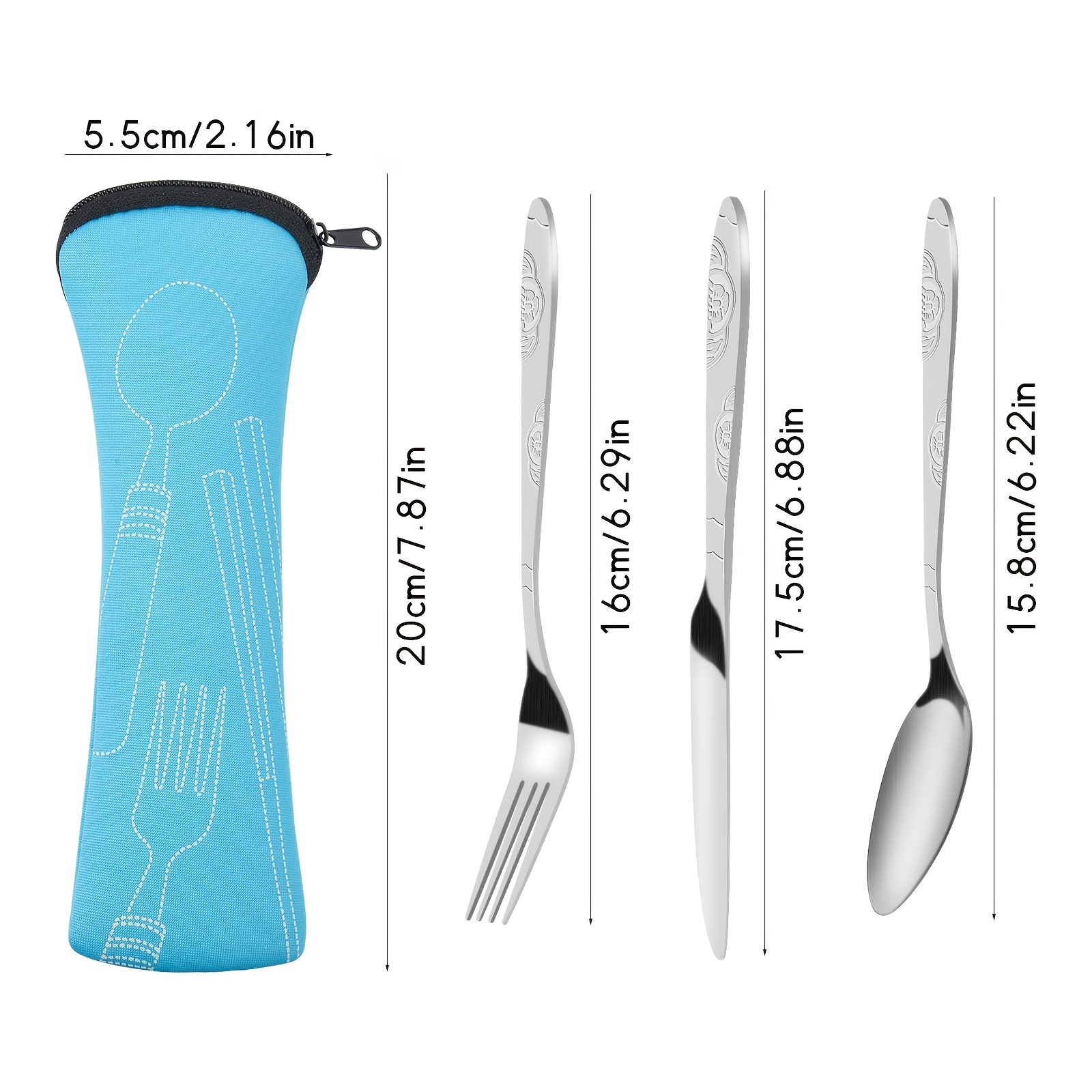 3pcs/set Stainless Steel Cutlery Set (knife, Fork, Spoon) With Travel Case,  For Camping, Picnic, Work, And Hiking, Blue