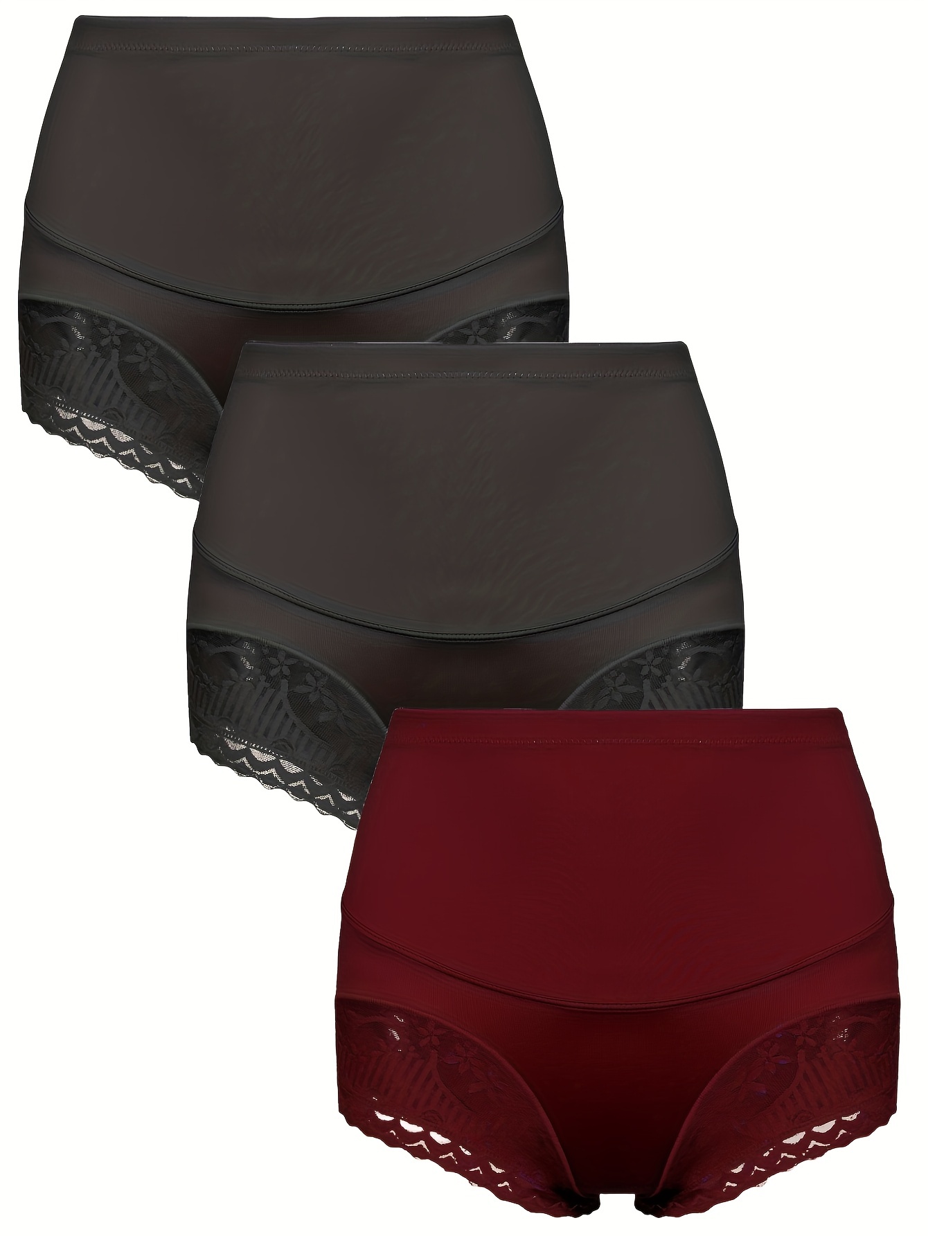3 Pack Plus Size Elegant Panties Set, Women's Plus Contrast Lace Tummy  Control High Waisted Solid Underwear 3pcs Set