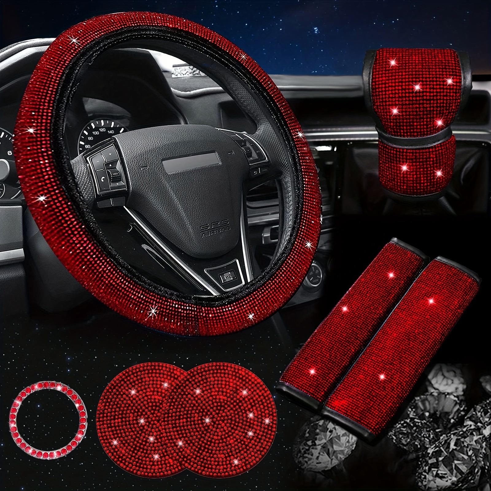 Make Your Car Sparkle With This Red Diamond Steering Wheel  Seat Belt Cover  Set! Temu Philippines