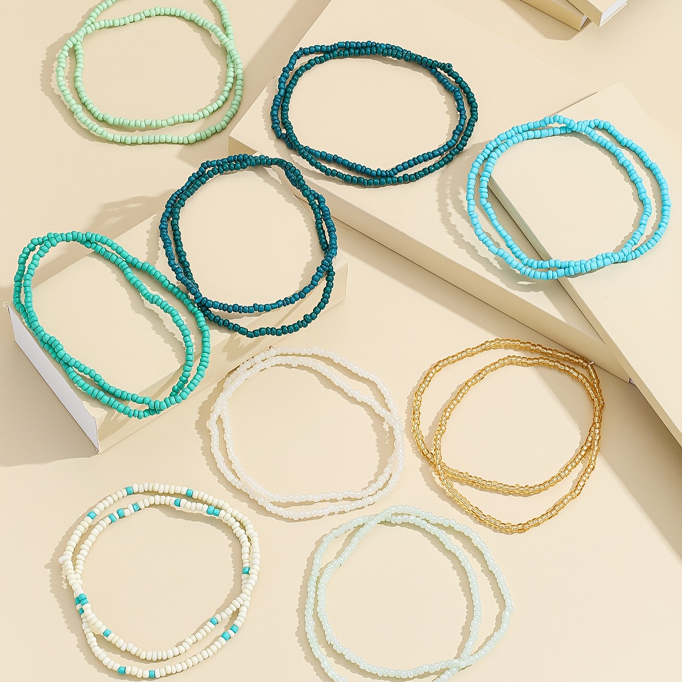 Elastic Summer Beach Ocean Style Beaded Anklet Set With Mini Rice