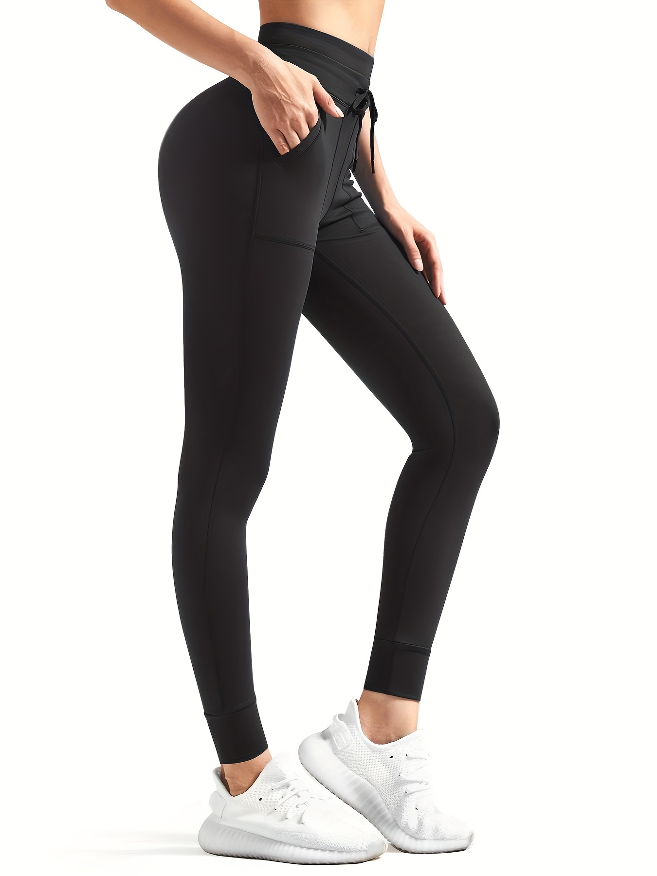 Solid Tummy Control Yoga Pants High Stretch Side Pocket - Temu United  Kingdom