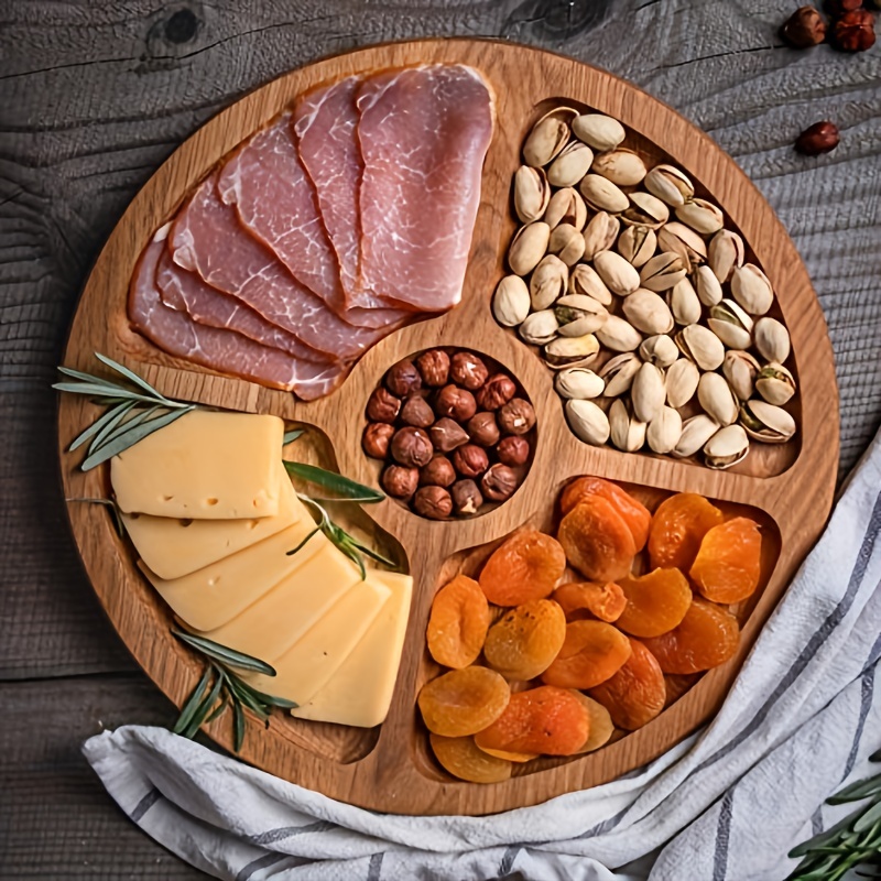1pc, Wooden Plate Cheese Board, Five Grids Dividers Food Tray,  Multifunctional Fruit Tray,, Appetizer Creative Snack Tray, Household  Dessert Plate, Re