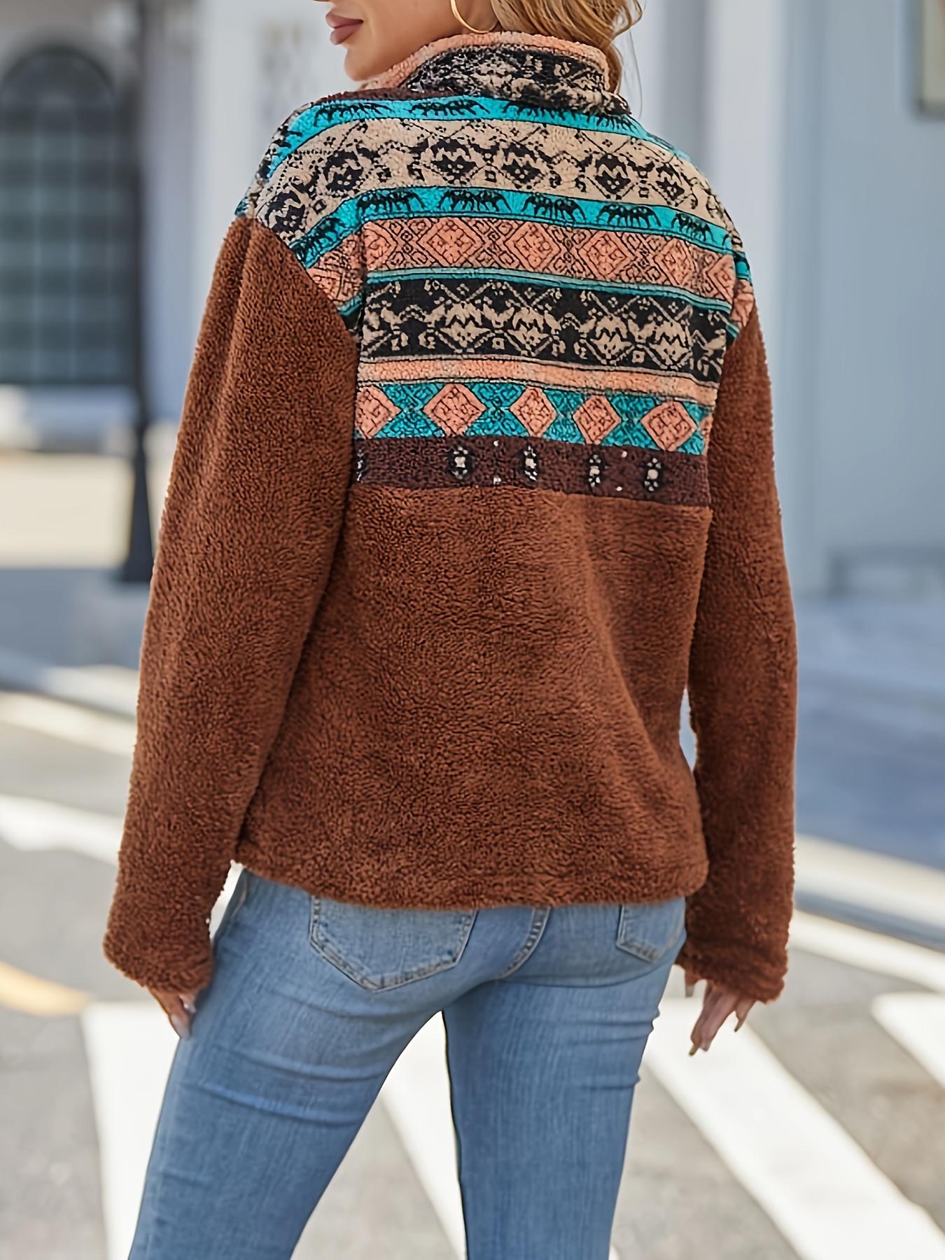 Western Ethnic Pattern Fuzzy Sweatshirt Vintage Zip Turtle Temu