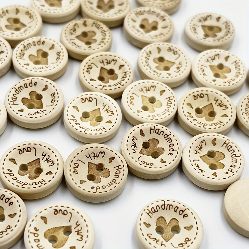 Wood Buttons, Wooden Buttons, Handmade With Love Buttons, 15mm/20mm/25mm,  Pack of 20, Sewing Buttons 