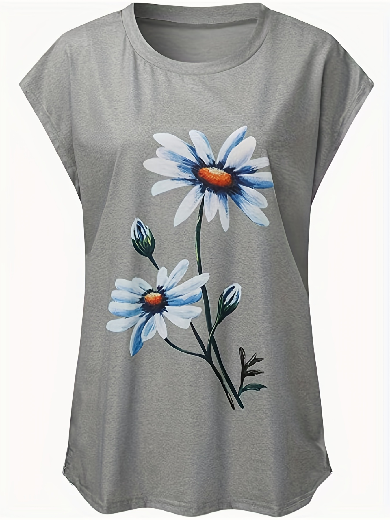 Floral Print Cap Sleeve Top Summer Crew Neck Casual Top