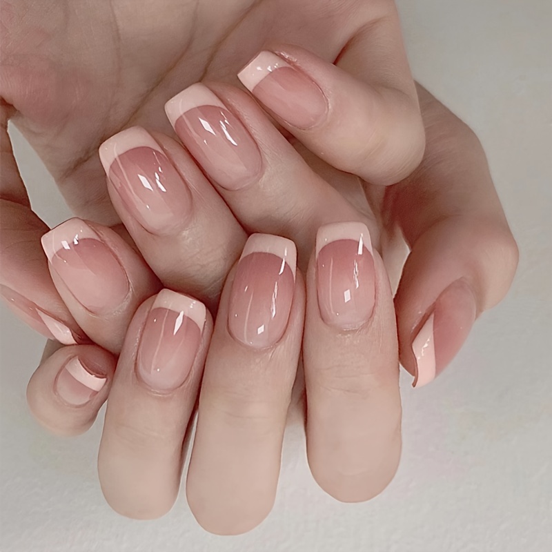 24pcs glossy nude square fake nails short length press on nails with french tip design minimalist style false nails for women girls details 0