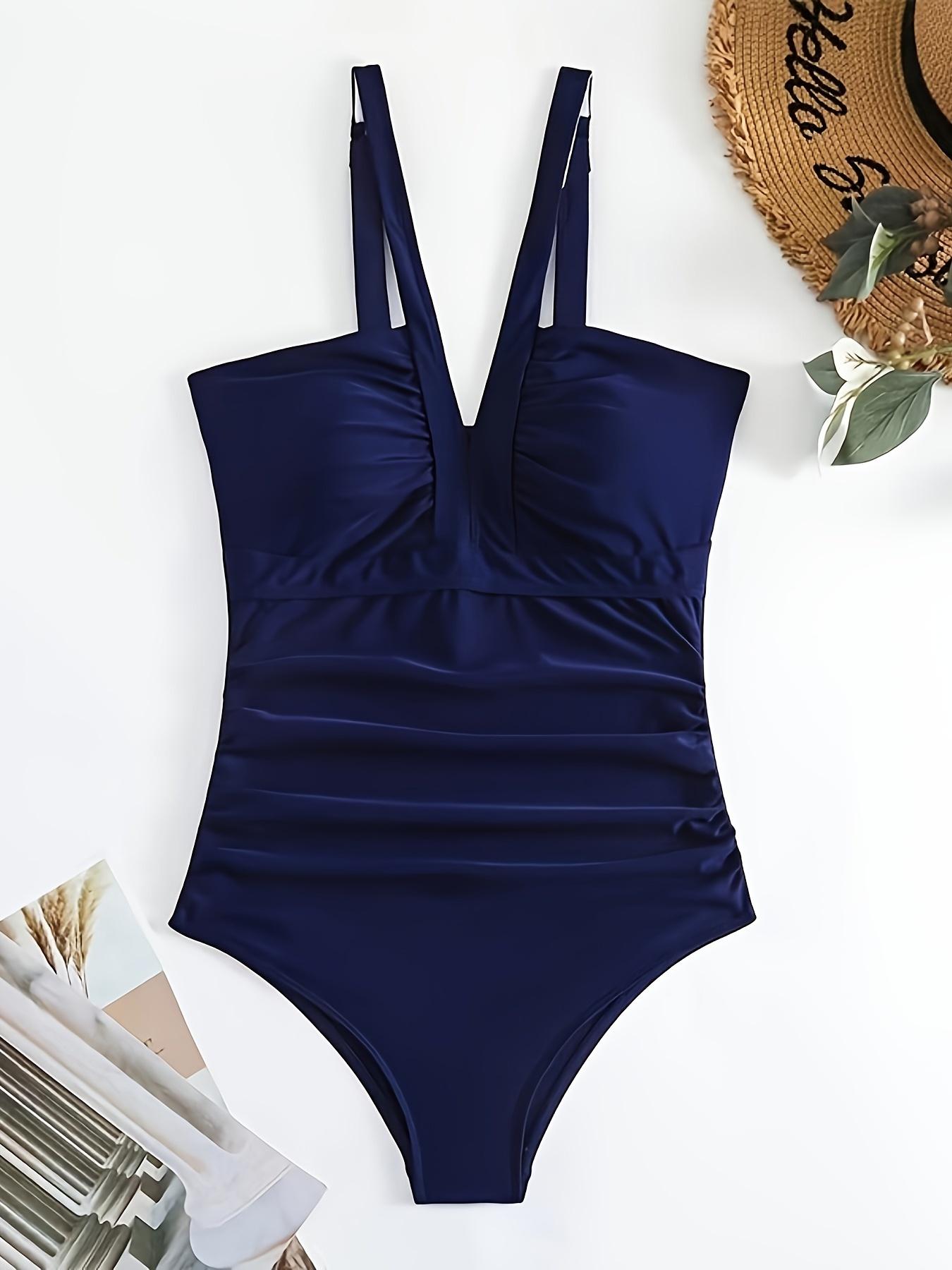 Ruched V Neck Plain One-piece Swimsuit, Navy Blue Tummy Control Medium  Stretch Bathing Suits, Women's Swimwear & Clothing