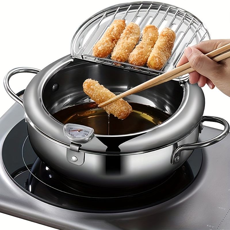 Alinuo Deep Fryer Frying Pot - Japanese Style Tempura Fryer With Thermometer  Lid And Oil Drip Drainer Rack Household Stainless Steel Fryer Pot For Kit