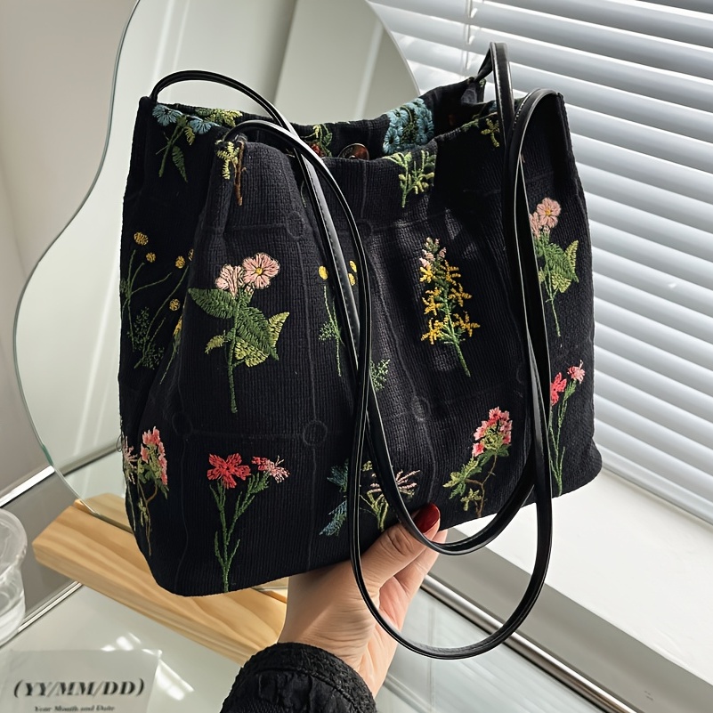 Floral Embroidery Shoulder Bag, Vintage Daily Bucket Bag, Fashion Handbags  For Women