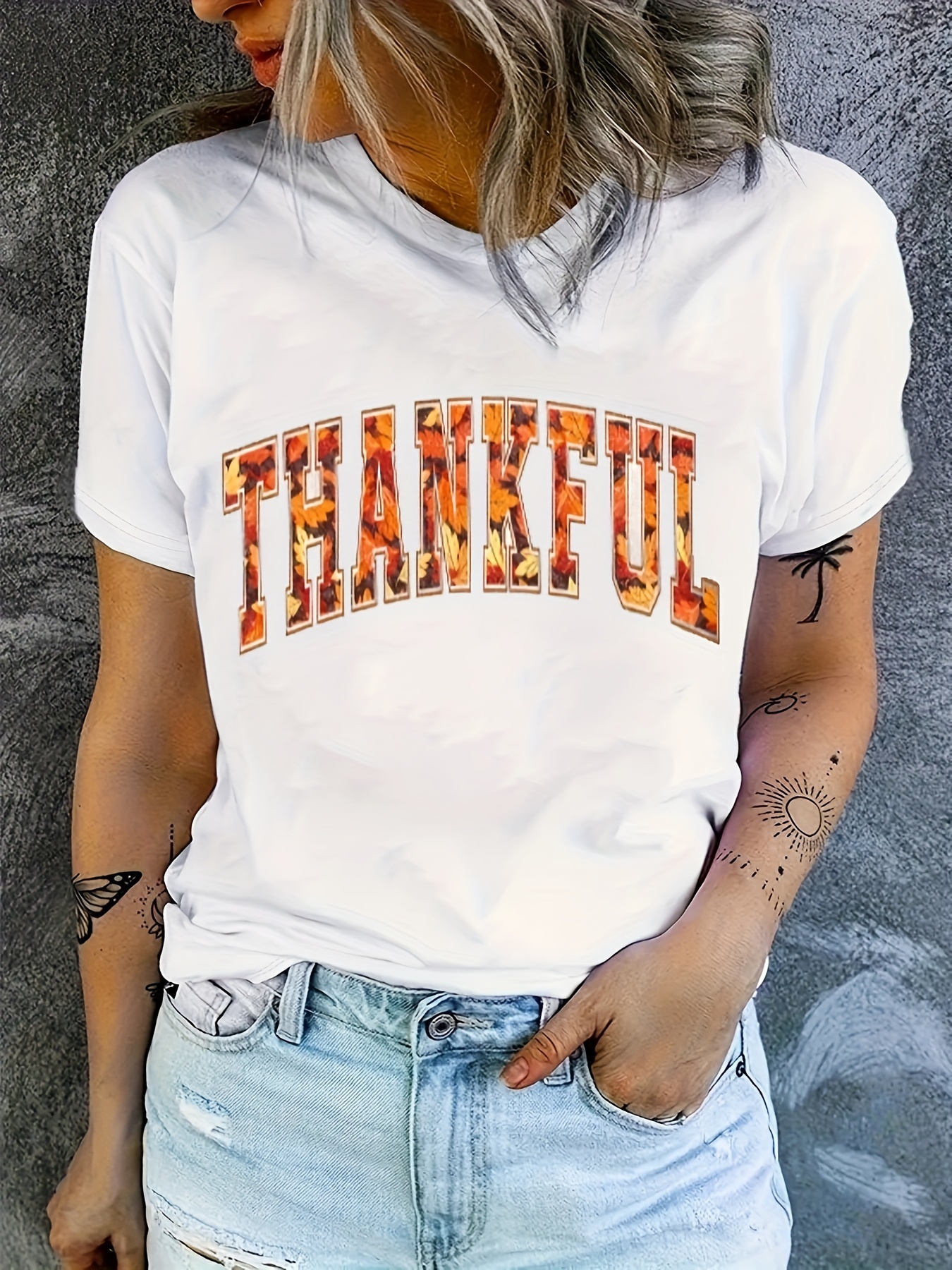Thankful Letter Print T shirt Casual Crew Neck Short Sleeve - Temu New ...