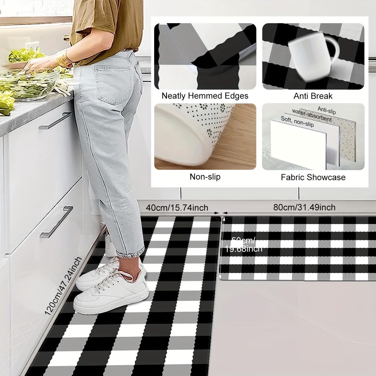 Kitchen Floor Mat Black White Gray Checkered Printed Rug - Temu